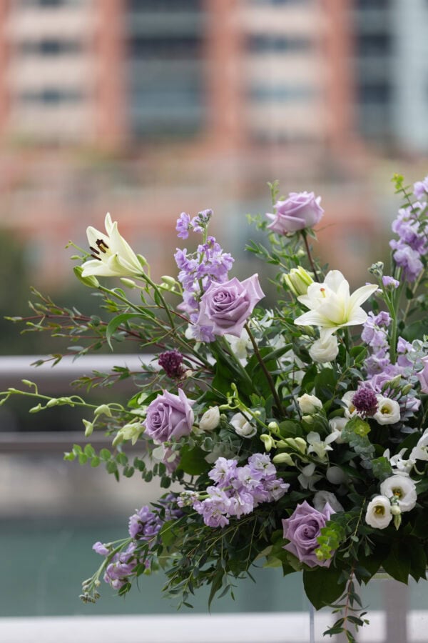 macro view of a purple and white floral arrangement
