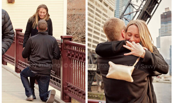 A man kneels for a surprise proposal on the bridge; she beams with joy. In the next image, they embrace warmly as she proudly shows off her ring.
