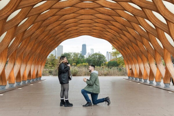 A man is on one knee proposing to his partner at the Honeycomb in Chicago's Lincoln Park Zoo