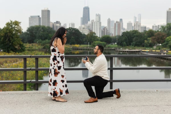 a man kneels down and proposes to his girlfriend on a bridge in front of the chicago skyline at lincoln park zoo