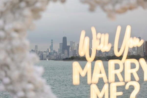 a installation of a heart shaped rose structure with a neon light display reading "will you marry me" is displayed in front of the Chicago Skyline on Montrose harbor