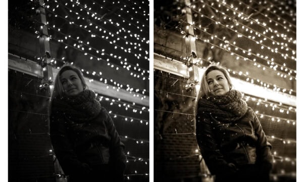 A photographer's side-by-side image comparison showcases a woman by string lights. The "Before Edits" is darker; the "After Edits" more vibrant, enhancing the lights' glow and illustrating how editing truly matters in elevating visual experience.